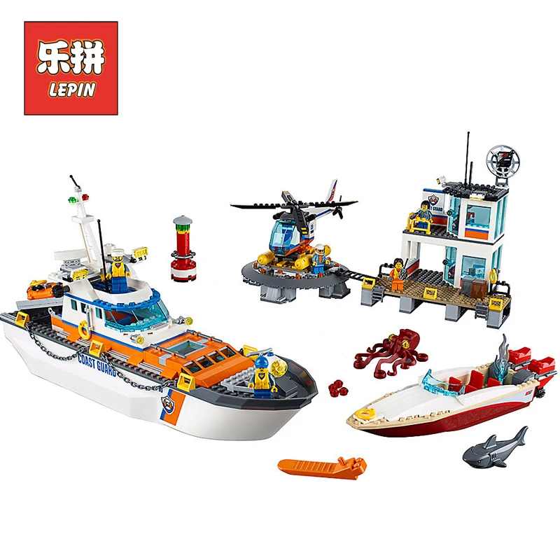 

Lepin 02081 City Police the Coast Guard Head Quarters Building Blocks Boat Helicopter Sea Exploration Ship Rescue 60167 Brick