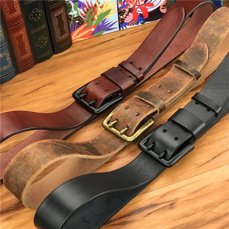 Doble Pin Vintage cinturón hebilla Super ancho 4,2 CM cuero genuino hombres cinturón lujo Ceinture Homme Jeans Cinturon Mujer MBT0018 - 6