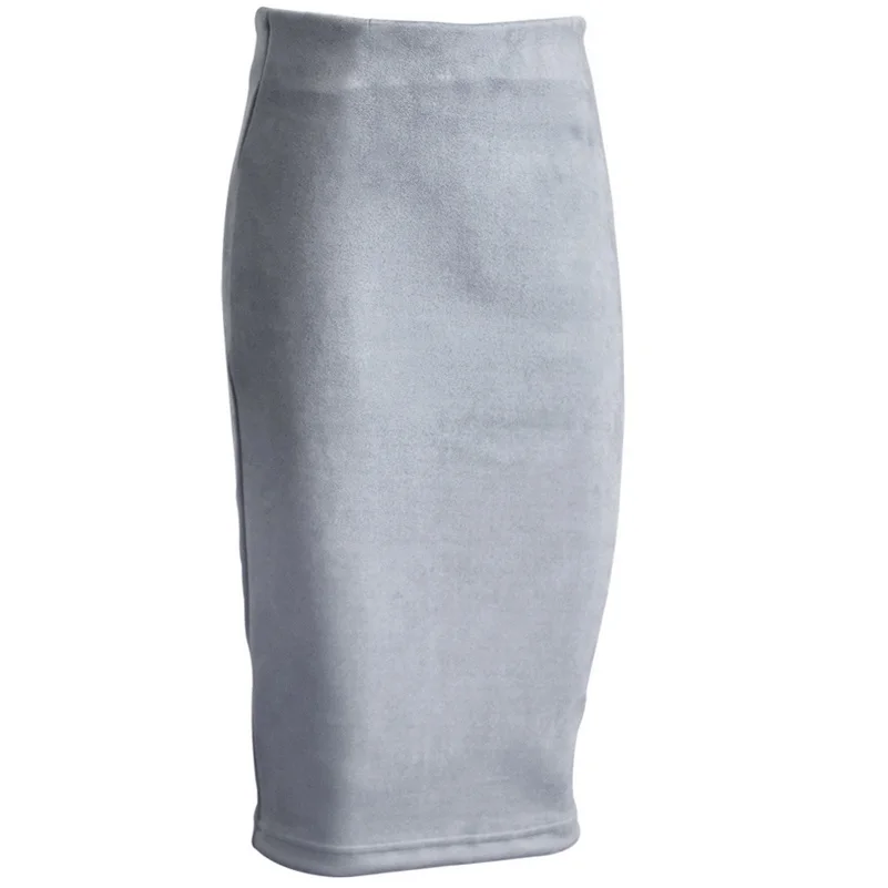 Super Deals Fashion Women Suede Solid Color Pencil Skirt Female Spring Autumn Basic High Waist Bodycon Split Knee Length Skirts - Цвет: Light Grey