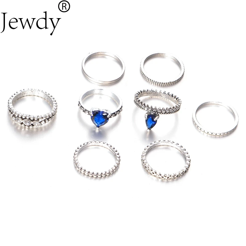 Набор колец с кристаллами Jewdy blue heart для женщин серебряная в стиле бохо набор миди