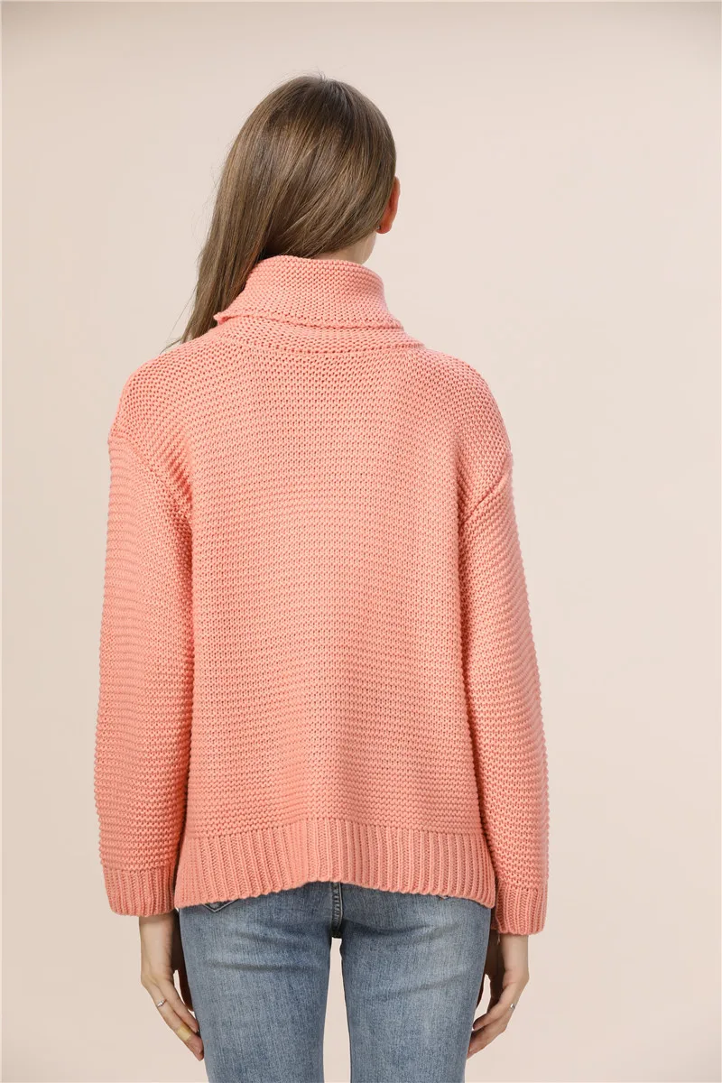 Повседневный однотонный вязаный свитер, Свободный теплый пуловер с длинным рукавом, Свитера на осень и зиму, свитер с высоким воротом, женский черный