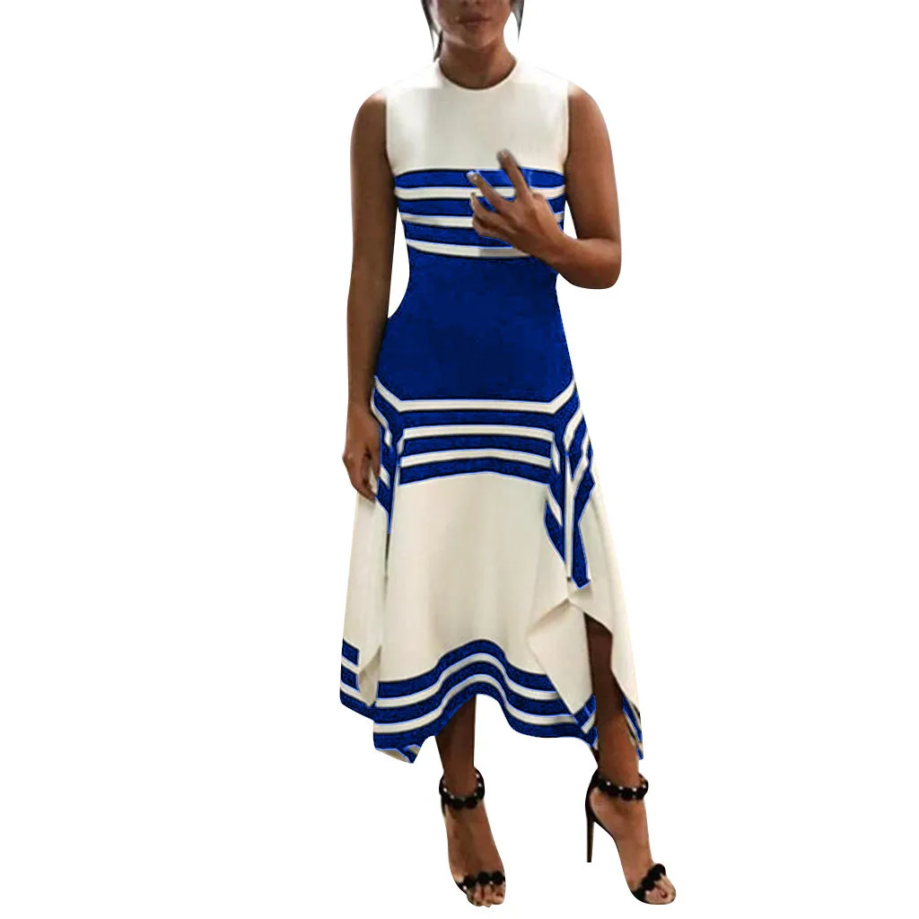 

Women Stripe Sleeveless Casual Dress Women Round Neck Vestido Midi Party dresses colorful comfortable breathe fashion saia#XX