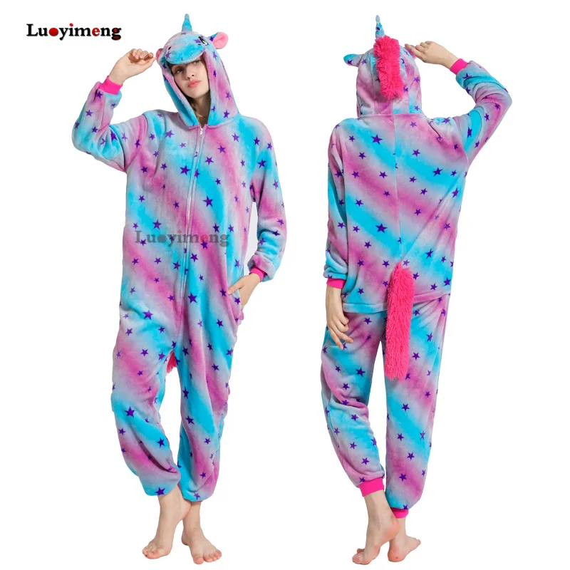 Winter Adults Unicorn Onesie Kigurumi Animal Panda Pajamas Flannel Hooded Anime Stich Licorne Pyjamas Women Men Sleepers Blanket - Цвет: as pic