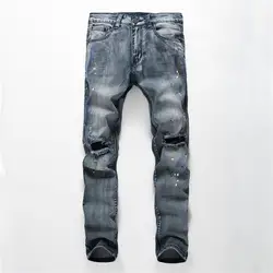 MORUANCLE Модные мужские роспись рваные джинсовые штаны промывают прямо Проблемные с принтом в горошек джинсы брюки с отверстия на коленях для