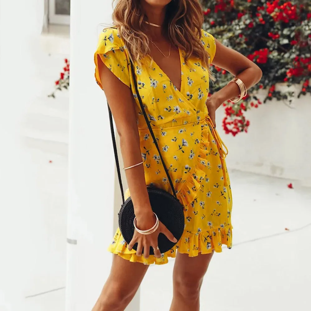 

2019 ladies dress prairie chic sexy v-neck Summer Bandage Bodycon Evening Party Casual Short Mini Dress robe femme vintage