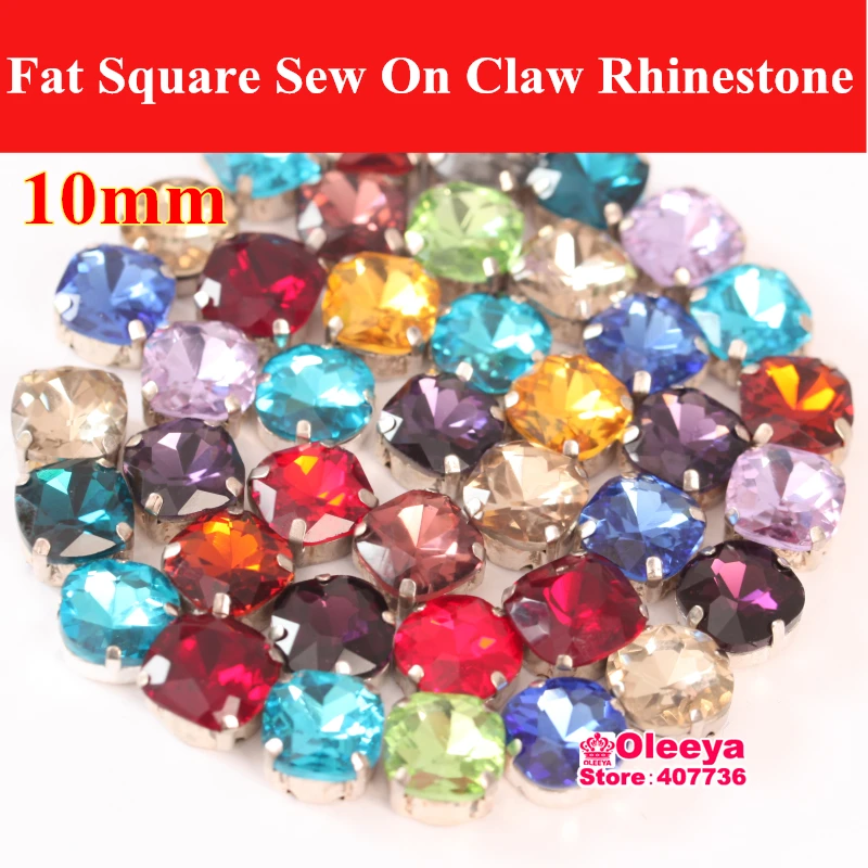 10mm 20pcs/lot Fat Square Sew on Rhinestones with Claw glitter Wthite