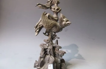 

Tibet Old bronze Copper Fairies ride on beast Garuda bird Aeolus Feng God Statue