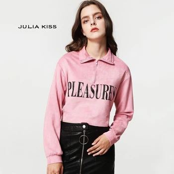 

Women Half Zip Suede Sweatshirt Letter Print Suede Crop Pullover Top