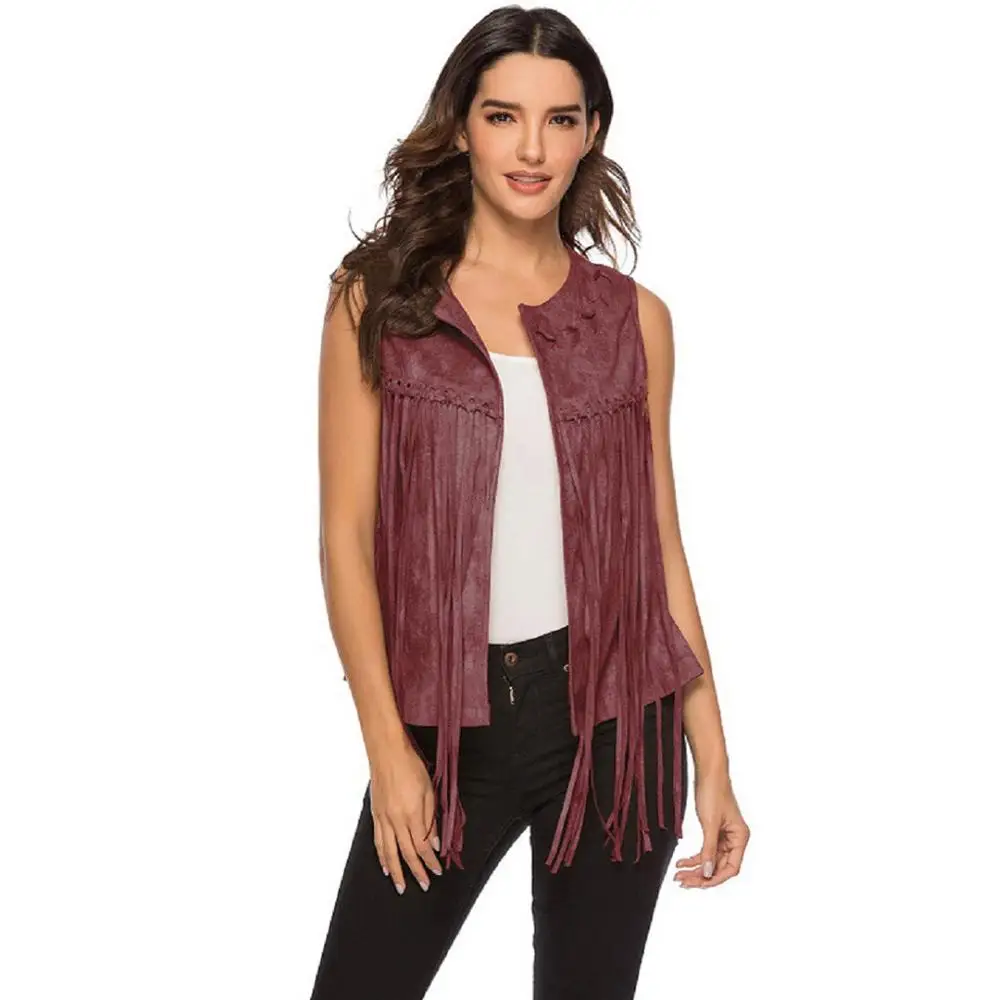 

Waistcoat Jacket Women Autumn winter Ethnic Sleeveless Fringed Vests Cardigan Retro Faux Suede Tassel Vest Female AD