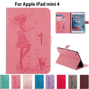 

For Apple iPad mini4 Case Cute Girl Cat Embossed PU Leather Flip Stand Cases For iPad mini 4 Cover Funda Sleep Wake Skin Shell