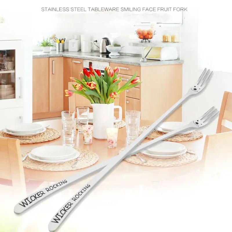 FHEAL New Heavy Long Handle Stainless Steel Cake Dessert Fruit Forks Spoon tableware Smile Face Spoons Forks Flatware (3)