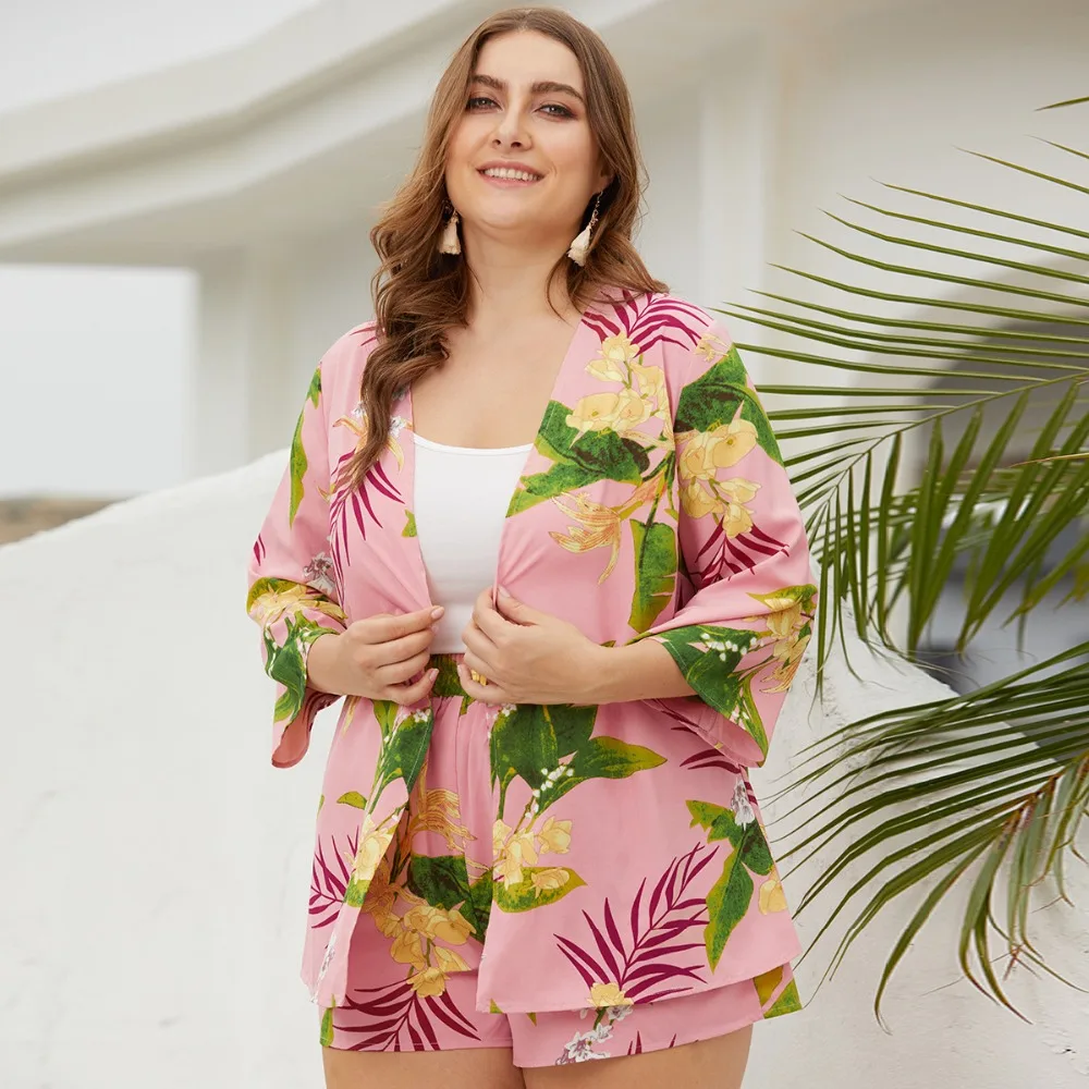 WHZHM летний цветочный Комплект размера плюс 3XL 4XL, пляжные женские комплекты с длинным рукавом, повседневный розовый комплект с принтом, Женские топы и шорты с цветочным принтом из двух предметов