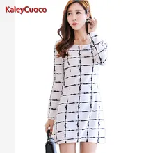 Women Dress 2016 Autumn Winter Elegant Vintage White Plaid Print Long Sleeve Dress Formal Woman Casual Vestidos Office Dress