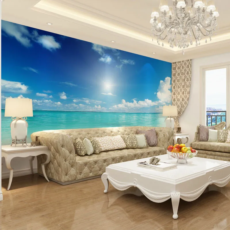 Blue sky ocean beach scenery photo prints wall panel papel de parede 3d wallpaper  for living room office room wall decoration