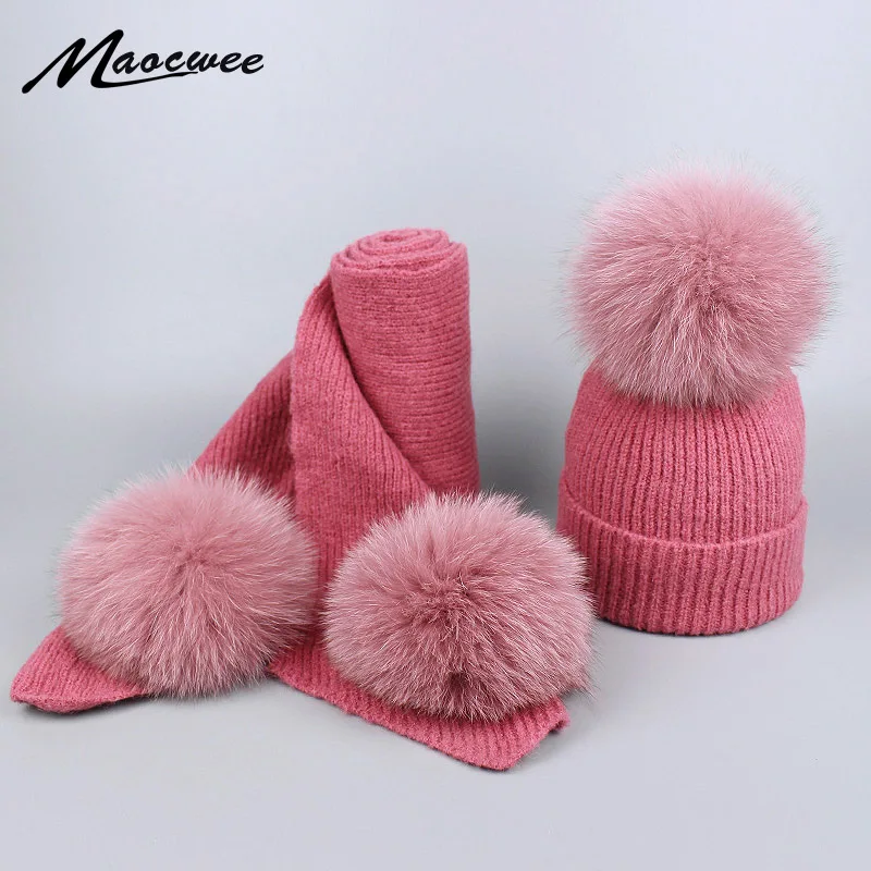 

Winter Real Fur Pompom Hat For Women Cashmere Wool Cotton Hat Big Real Fox Fur Pom Pom Beanies Scarf Cap Bobble Hat Skullies