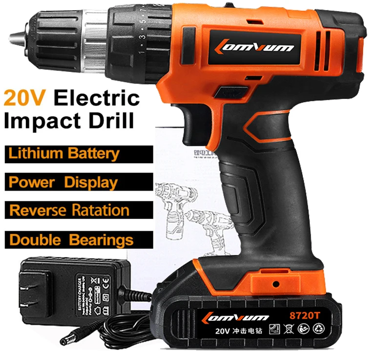 20V Impact Drill Reversible rechargeable cordless electric screwdriver hand Percussion electric charging drill power tool (2)