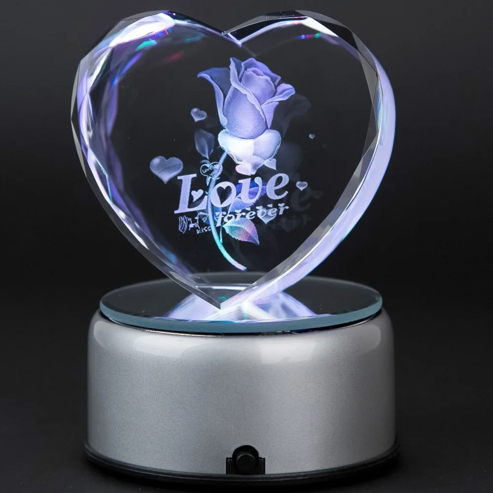 3D Laser Crystal Heart Subsurface Engraved Love Forever Rose with
