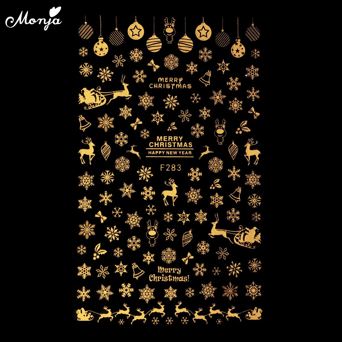 Monja дизайн ногтей самоклеющиеся Рождественские серии наклейки золотого и серебряного цвета Снежинка колокольчик Олень Дизайн DIY Декоративные наклейки для маникюра - Цвет: F283 Gold