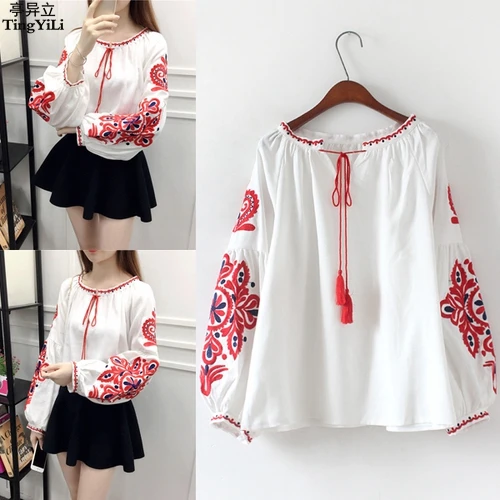

TingYiLi Cotton Linen Boho Embroidered Blouses Summer Long Sleeve Women Blouses White Blue Black Casual Loose Blouse