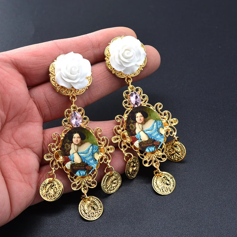 Baroque Bohemian Vintage Jewelry Gold Rose Flower Pearl Oil Painting Crystal Stud Earrings For Lady Party Wedding Wholesale