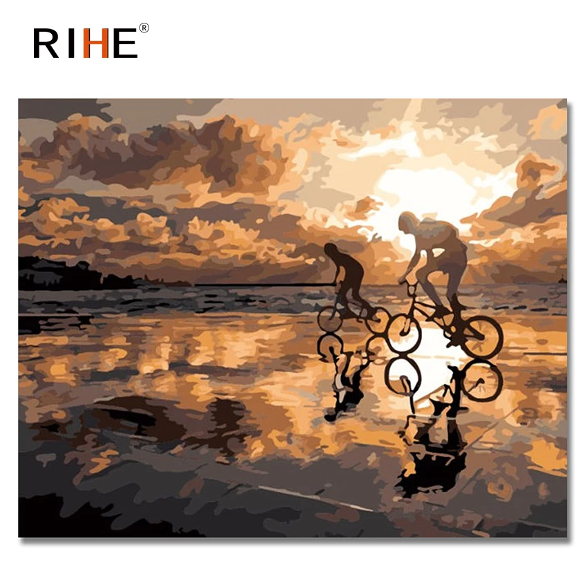 

RIHE Sunset Beach Oil Painting By Numbers Lovers Riding Cuadros Decoracion Acrylic Paint On Canvas For Artwork Modern Home Decor