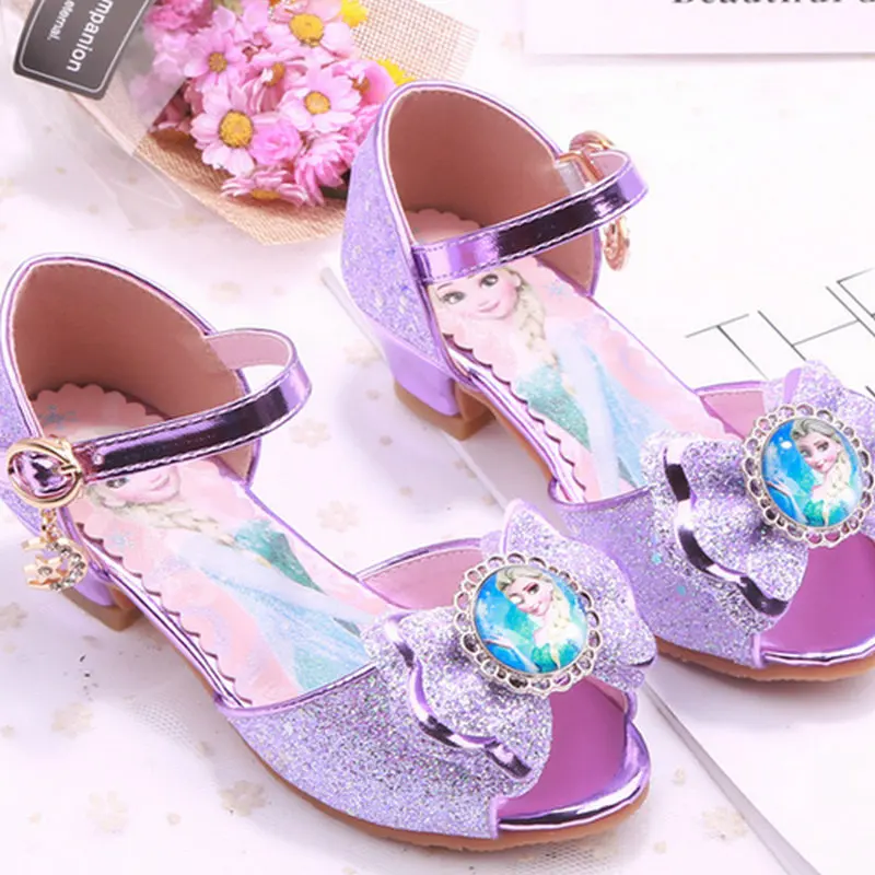 Purple Г.; Свадебные платья с рисунком из мультфильма; босоножки для подростков; детская танцевальная обувь принцессы; детские кожаные сандалии на высоком каблуке - Цвет: Purple