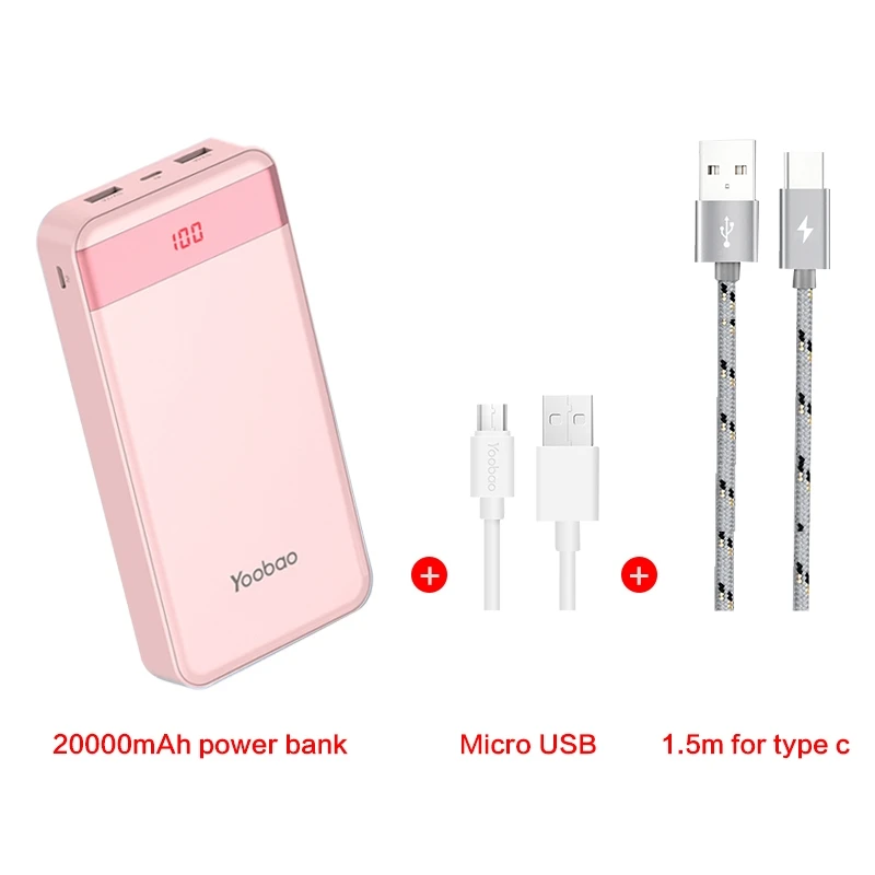 Yoobao внешний аккумулятор 20000 мАч 2 USB быстрая зарядка портативный внешний аккумулятор для iPhone X 8 7 6 5 4 Внешний аккумулятор для Xiaomi Mi A1 Макс телефонов - Цвет: Pink Type-c