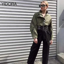 Для женщин Военный стиль армия зеленый пэтчворк короткий пиджак с однобортные и застежка-молния и контраст пряжки ремня отворотом