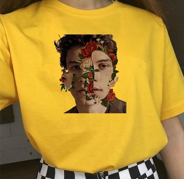 Starqueen-JBH Summer Women Tops Shawn Mendes T Shirt Rose Flower Print Hip Hop Topstees Mens Short Sleeve T Shirt Pullovers
