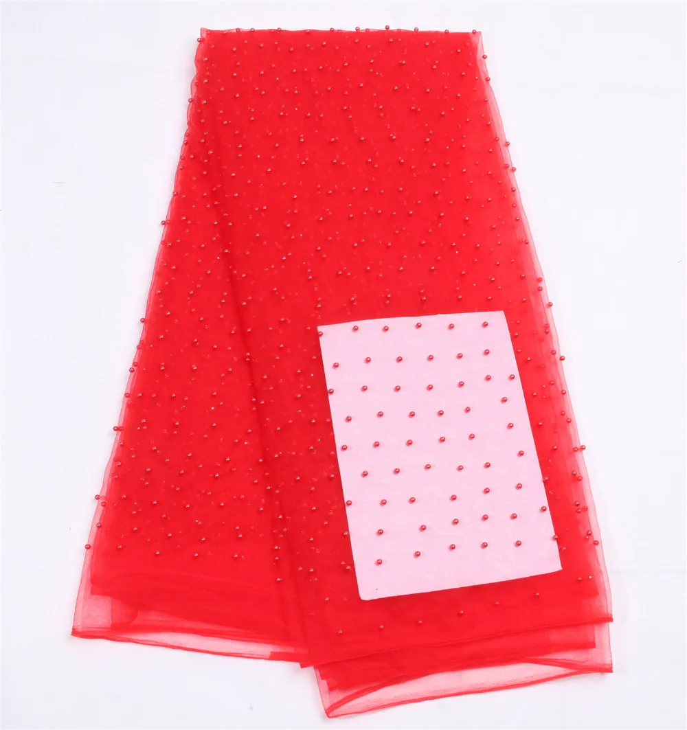 

2016 Red Colors Beads Lace Fabrics High Quality Nigerian Wedding Lace Fashon Mesh Material For African Dress NA1288C-4
