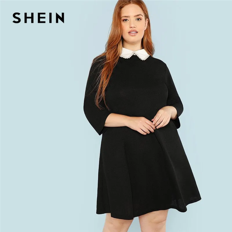Günstig SHEIN Plus Größe Schwarz Nette Peter pan Kragen Perlen Perle Verschönert A Line Lose Kleider Frauen Frühling Herbst Knie Länge kleid