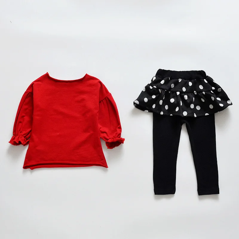 Для малышей топы для девочек, хлопковая одежда для малышей с длинными рукавами с принтом в виде надписи «Love», футболка юбка-брюки 2 шт./компл. наряды для младенцев в горошек юбка-брюки