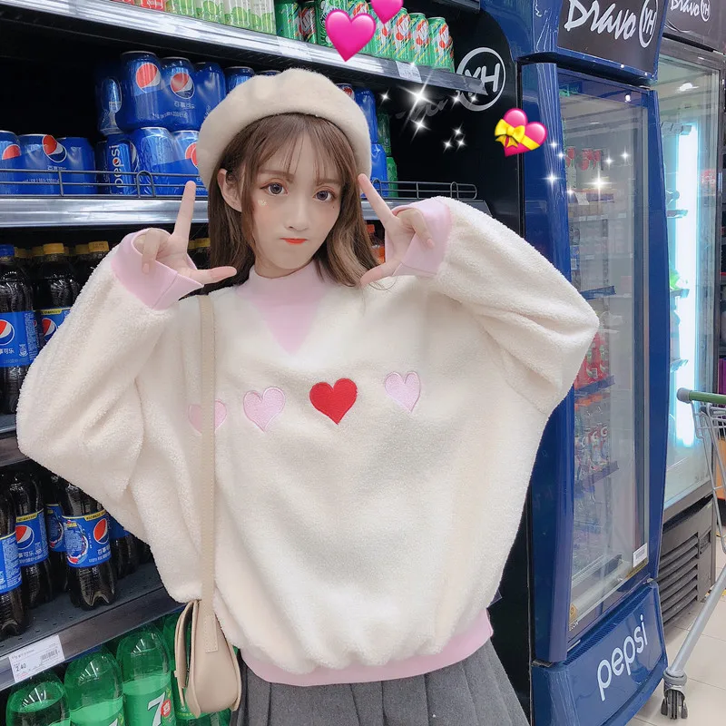 Женские свитшоты Harajuku толстый Ulzzang Love вышитый пуловер Свободный свитер Женский