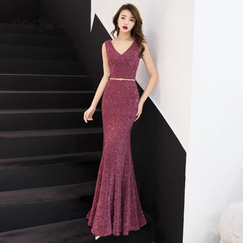 weiyin Evening Dress Long Sparkle 2019 New V-Neck Women Elegant Sequin Mermaid Evening Party Gown Dress WY977
