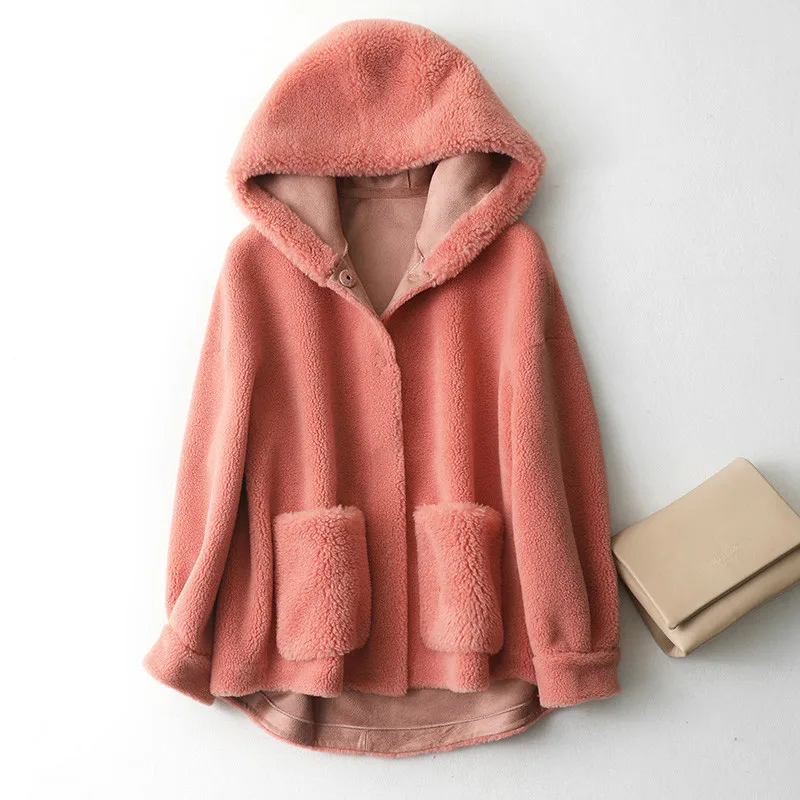 Осенне-зимнее пальто из натуральной овечьей шерсти, Женская куртка с капюшоном, шерстяное пальто, теплая Женская куртка, A215 - Цвет: Розовый