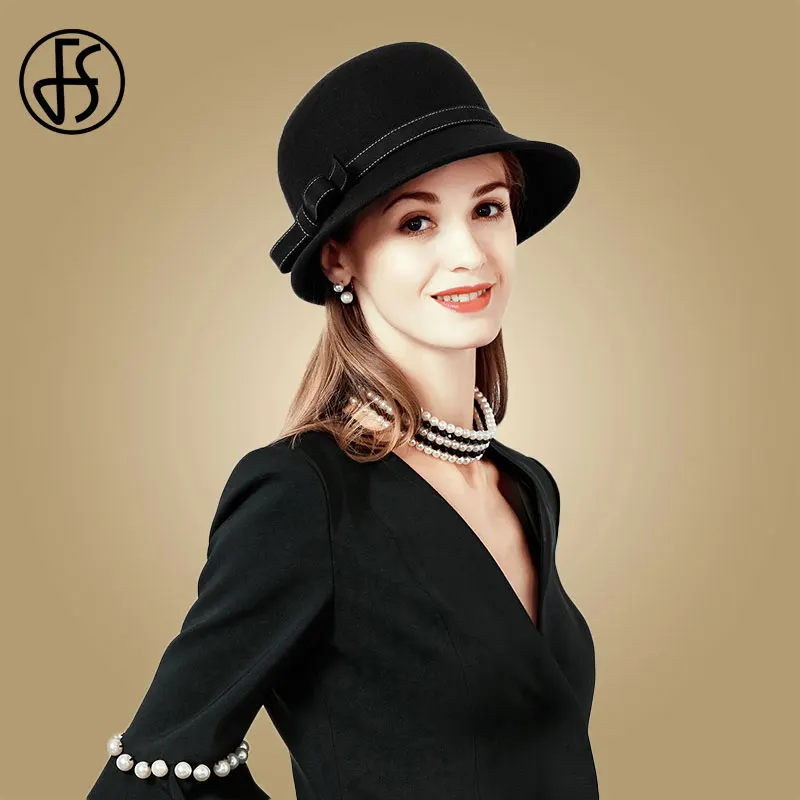Black Wool Hats FS Vintage Women Hat Navy Blue Wool Felt Hat With Bowknot Wide Brim Bowler Chapeu Fedoras Ladies Hats Cloche Winter Derby Hats - Цвет: Black Wool Hats