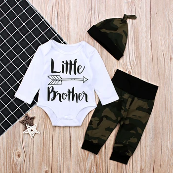 

Autumn Spring New Style Newborn Baby Girls Boys Clothing Cotton Letter Printed Loog Sleeves White Romper+Pant+Hat 3pcs Set