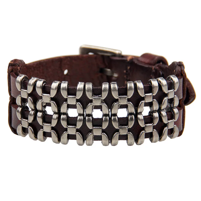 

Vintage Titanium steel Bracelets Bangles Steampunk Handmade Retro Genuine Leather Bracelet Men Charm Jewelry YWQR2244