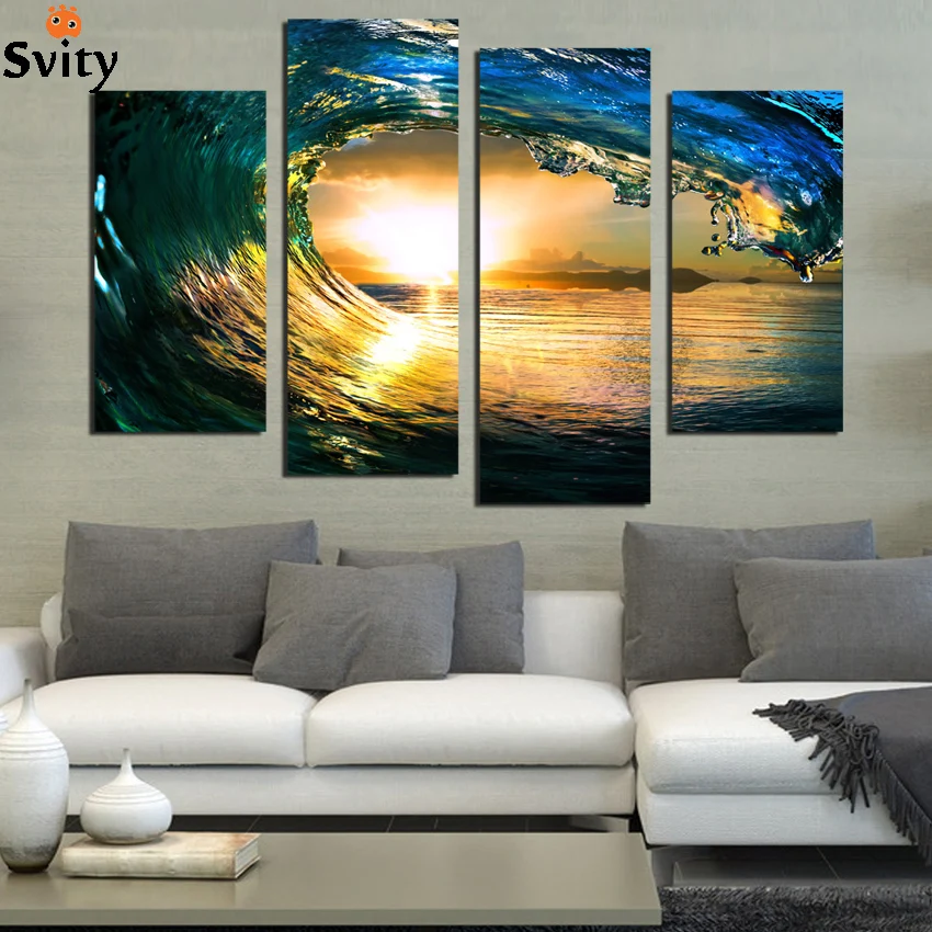 Unframed 4 Pieces Sun Ocean Seascape Modern Home Wall Decor Canvas Picture Art HD Print Painting On Canvas For Home Decor  F1890