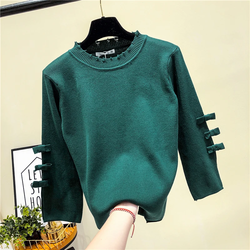 Le donne Maglione Pullover Perline lanterna manica a maglia Maglione Slim Grigio Donna