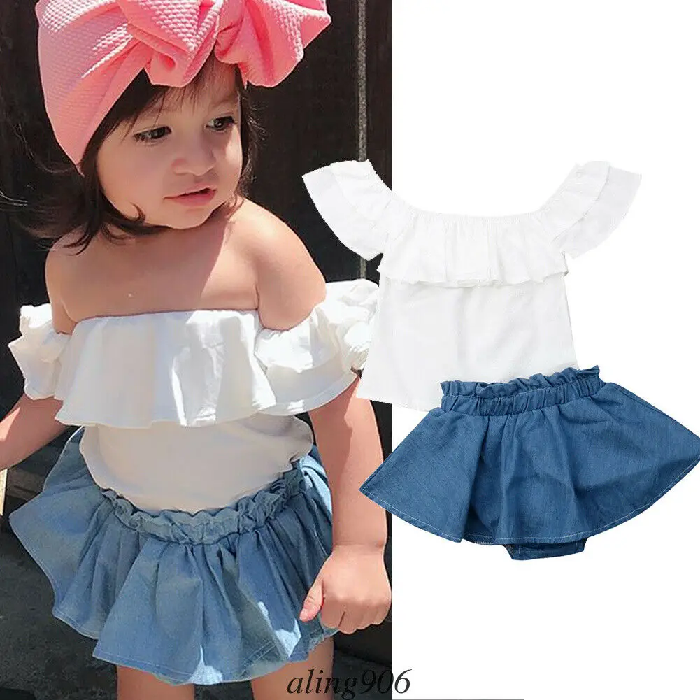 

6M-3Y Girls Clothes 2019 Summer Toddler Baby Girls Clothes Floral Lace Tops+Denim Dress Pants 2pcs Set 6M-3T New