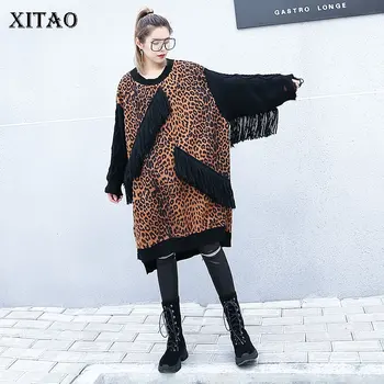 

[XITAO] Korea Fashion New Women 2018 Autumn O-neck Full Sleeve Loose Dress Female Leopard Tassel Knee-length Dress ZLL2340