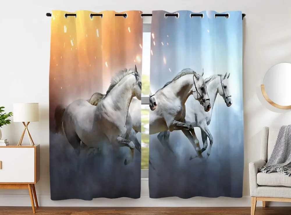 

HommomH Curtains (2 Panel) Grommet Top Darkening Blackout Room White Running Horse
