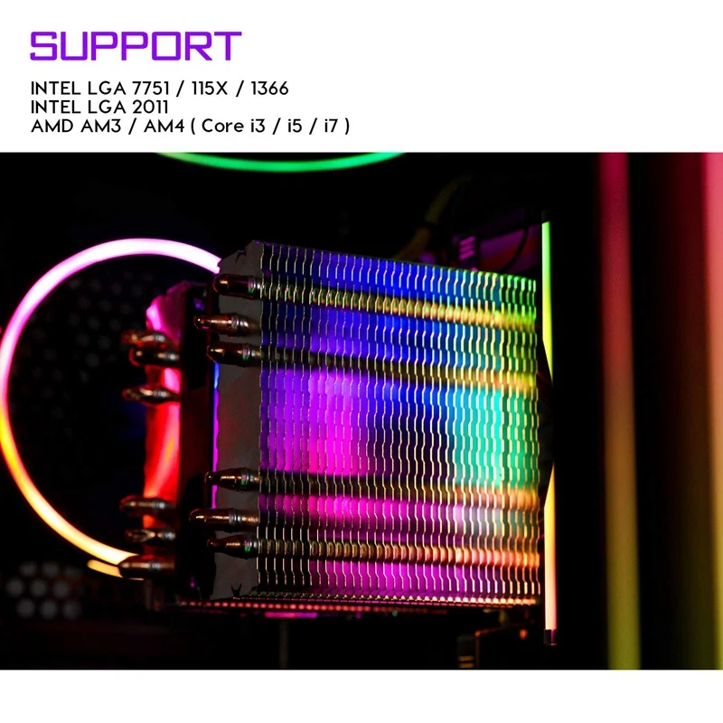 Cpu Air Cooler 6 Heat Pipes Twin-Tower Heatsink With 90Mm Rainbow Led Fans For Intel 775/1150/1155/1156/1366