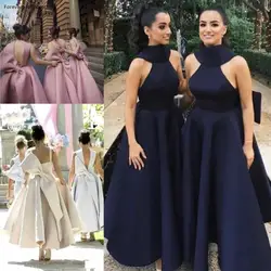 2019 Недорогое Платье подружки невесты с высоким горлом летнее платье с большим бантом для сада, торжественные пригласительные на свадьбу