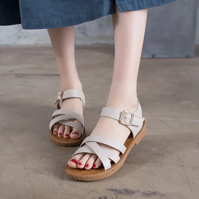 

Genuine Leather Flat Bottom Sandals Head Cowhide Soft Sole Shoes Shoe