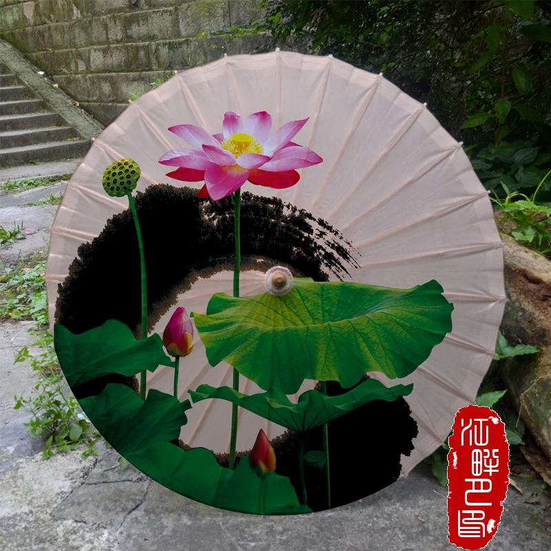 

Lotus Flower Blossom Oiled Paper Umbrella Light Beige Color with Ink Paper Parasol Spring Summer Time Fresh Lady Paper Umbrella