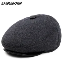 Зима-осень Винтаж простой однотонный берет с ушами утолщаются пряжки плоские шапки Теплые береты бейсболка для отдыха для мужские