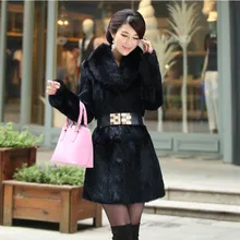 Luxurious one piece skin full sleeve natural Rabbit fur coat with fox fur collar women’s fashion real fur jacket black wine