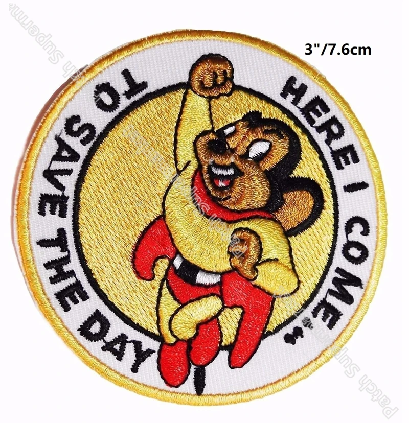 

Mighty Mouse patch "Here I Come To Save The Day" Movie TV Show Series Costume Embroidered iron on patches for clothing TRANSFER